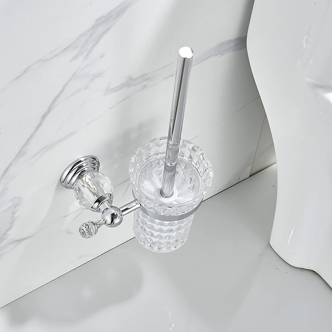 WOLIBEER Crystal Toilet Brush Holder, Chrome Toilet Cup Set with Polished Silver Brush Handle Wall Mounted for Bathroom - Decorative Design,Space Saving.