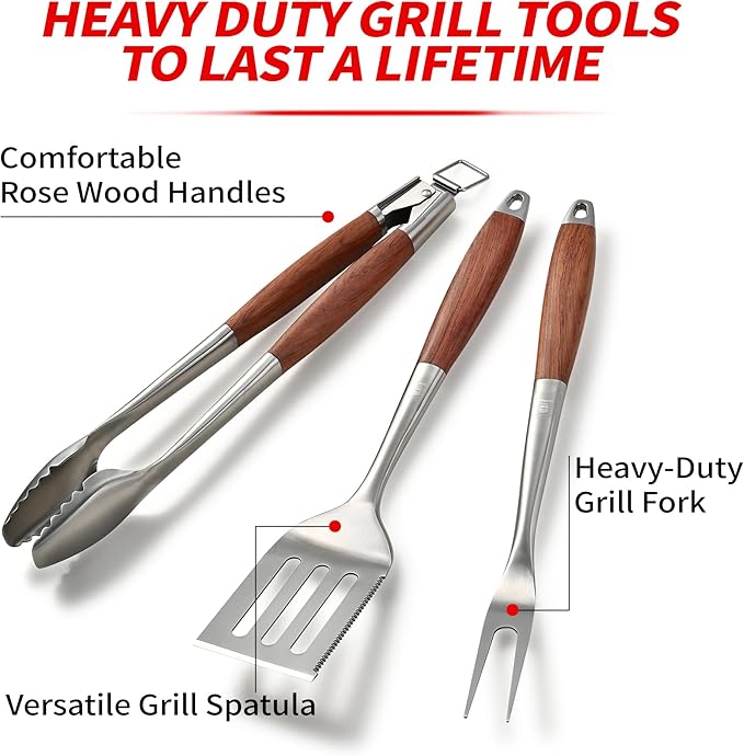 GRILAZ Heavy-Duty Rose Wooden BBQ Grilling Tools Set. Extra Thick Stainless Steel Multi-Function Spatula, Fork & Tongs | Essential Accessories for Barbecue & Grill. Ideal Gift for Father…