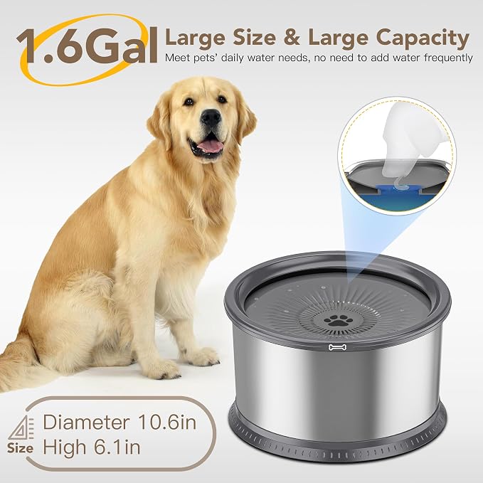 6.5L Stainless Steel Dog Water Bowl, No Spill Water Bowl for Dogs | Large Capacity, Slow Drinking Feeder, Splash Proof, With Anti-Slip Mat, Dishwasher Safe, Sturdy, Suitable for Mess Drinkers