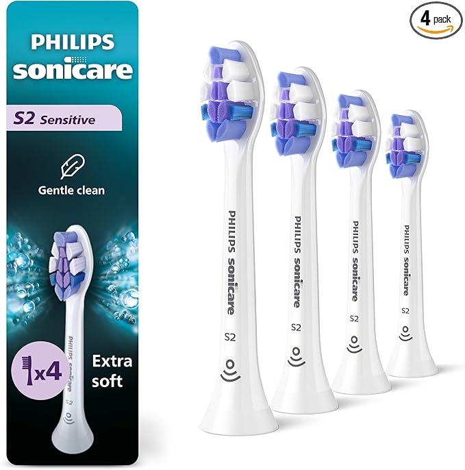 Philips Sonicare S2 Sensitive - Genuine Replacement Electric Toothbrush Heads, White, 4 Pack One Year Supply, HX6054/77