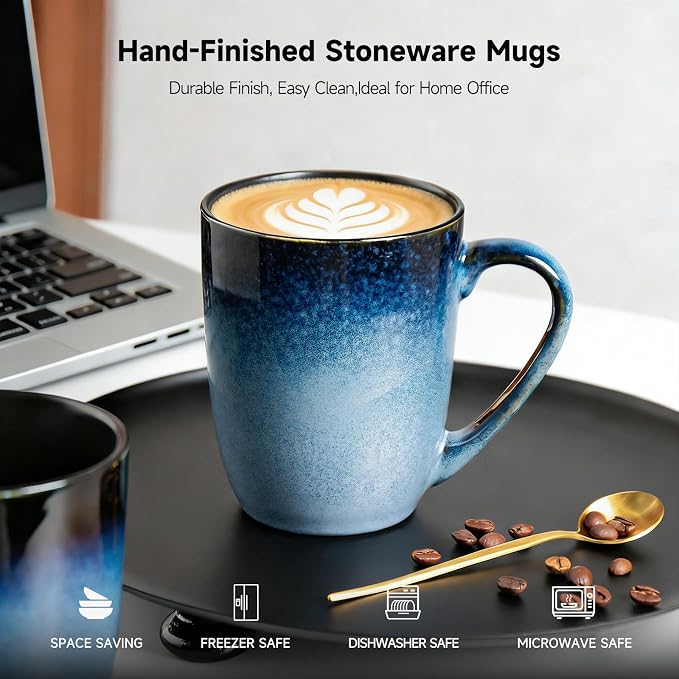 MONITO 14oz Ceramic Coffee Mugs Set of 6,Ice-Snow Blue Mugs with Handle | Perfect for Latte, Cappuccino, Tea & Cocoa, Ideal Reusable Drinking Cups for Home, Kitchen & Office Daily Use
