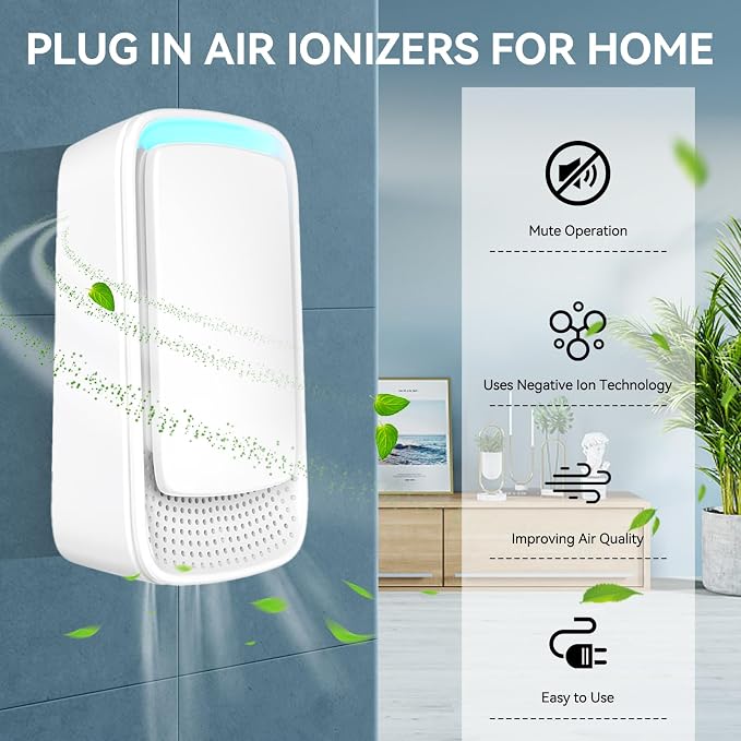 4Pack Plug In Air Ionizer for Home, Quiet Negative Ion Air Purifier with Compact Portable Design, Air Freshener for Bedroom, Bathroom, Kitchen, Office & Living Room (4)