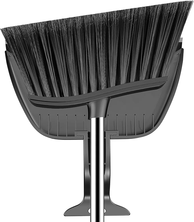 Broom and Step-on Dustpan Set, 59-in Adjustable Long Handle Broom with Dustpan Combo Set Outdoor Angle Broom for Sweeping Indoor Dust Pet Hair for Cleaning Kitchen Garage Deck Patio, Black