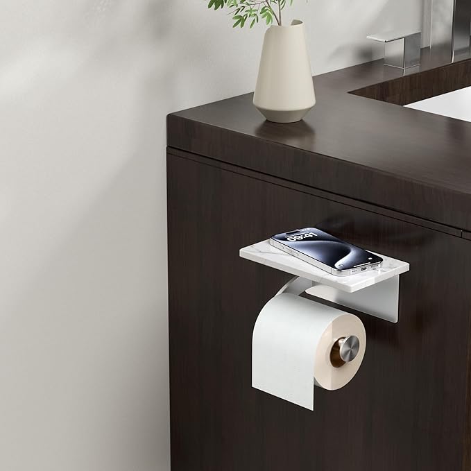FORIOUS Toilet Paper Holder with Phone Shelf, Natural Marble Wall Mount Tissue Roll Holder for Bathroom, Washroom, 304 Stainless Steel Commercial Toilet Tissue Dispensers with Shelf, Brushed Nickel