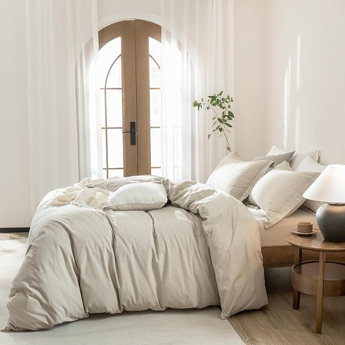 Linen Grey Duvet Cover Super Queen Size 98inch x 90inch,100% Washed Cotton Duvet Cover with Zipper Closure and 2 Pillowcases, Color of New Nature Linen