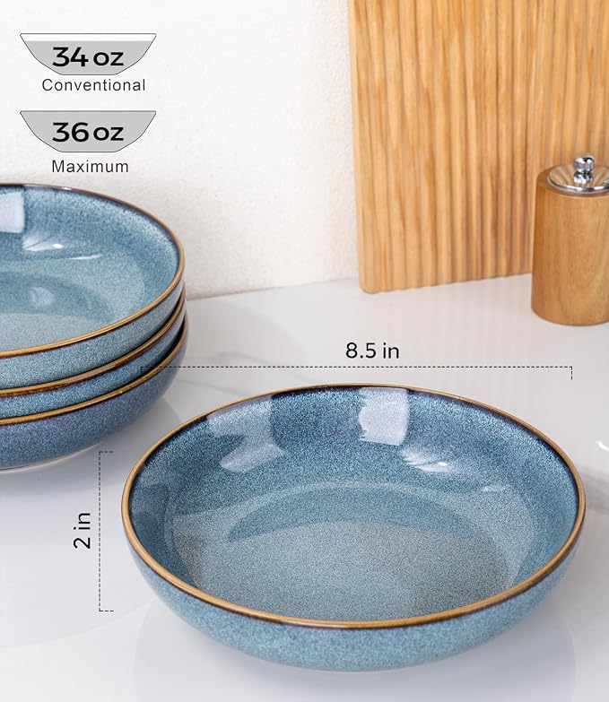 AmorArc 8.5'' Large Ceramic Pasta Bowls, 36oz Stoneware Pasta Serving Bowls Set of 4 for Kitchen, Wide Bowls for Pasta,Salad,Oatmeal, Microwave Safe, Reactive Glaze-Blue