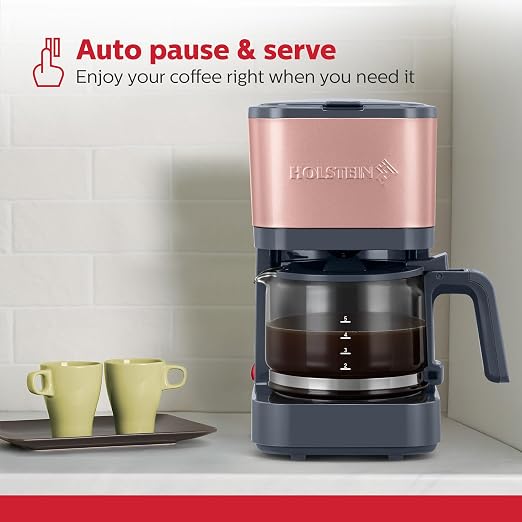 Holstein Housewares 5 Cup Coffee Maker – Compact Drip Coffee Machine with Auto Pause & Serve, Reusable Filter, Glass Carafe, Water Window & Warming Plate. Dark Grey & Rose Gold