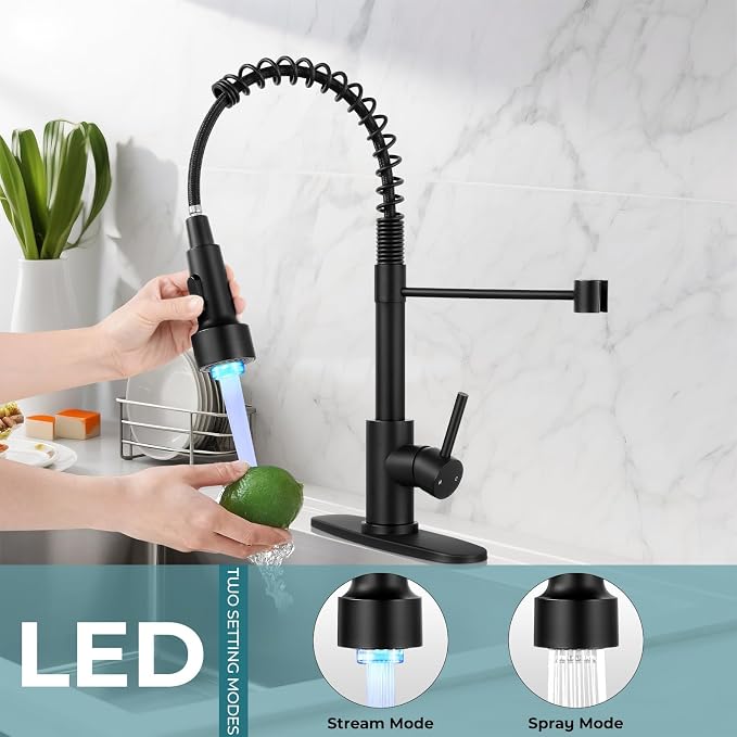 Kitchen Faucet with LED Pull Down Sprayer Matte Black | 2-mode sprayer, 360° high arc spout, 304 SS build, drip-free valve, fingerprint-resistant, DIY install, 500K cycle tested