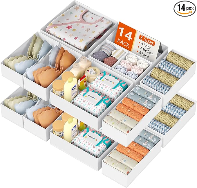 DIMJ Drawer Organizer Clothes, 14 Pack Dresser Organizer, Foldable Closet Organizers and Storage, Fabric Dresser Bins, Drawer Dividers for Nursery, Baby Clothes, Underwears, Sock (White)