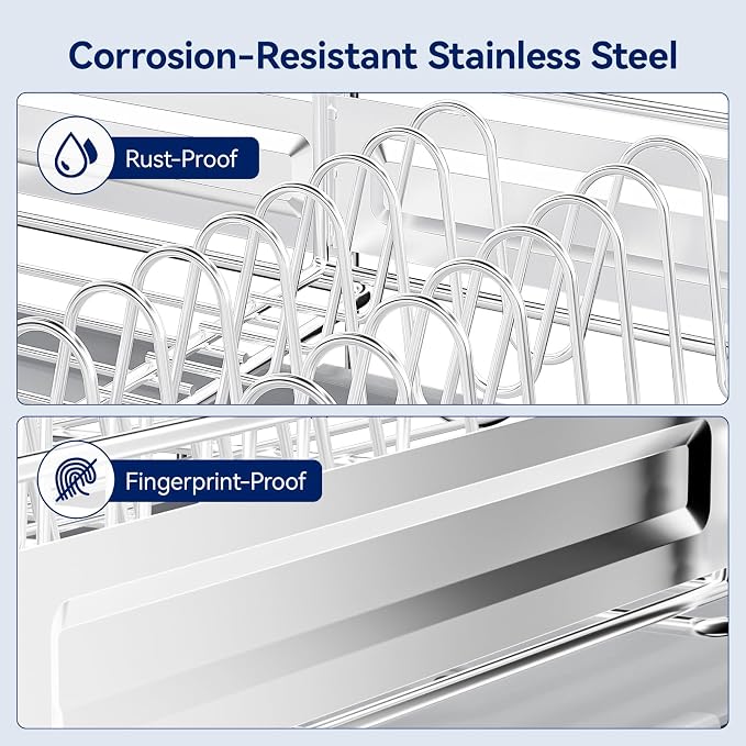 Stainless Steel Dish Drying Rack - Expandable Dish Racks for Kitchen Counter Organizer with Drain Board, Detachable Utensil & Cup Holder, Dish Drainer for Small Kitchen Counter, Grey