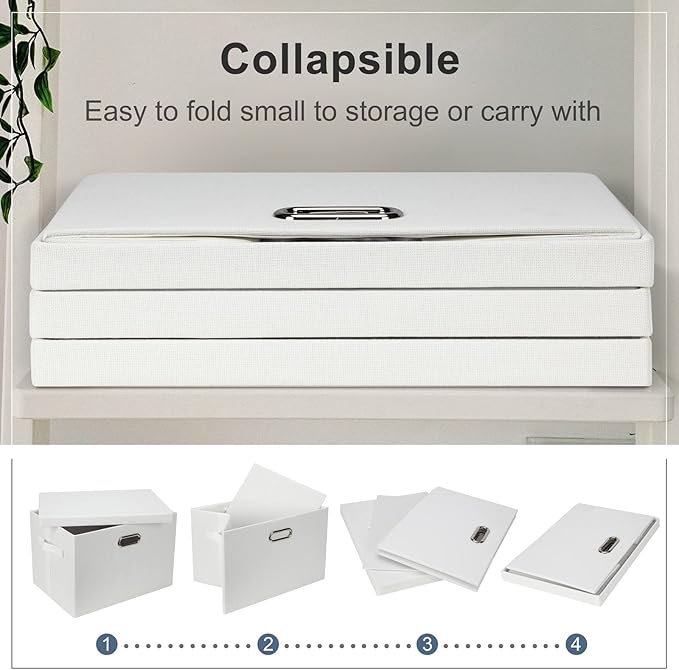 Graciadeco Large 17" 36 Quart Collapsible Stackable Storage Bins with Lids, 1 Pack White Foldable Fabric Closet Storage Boxes with Lids, 4 Handles Heavy-duty Linen Cube Baskets for Bedroom