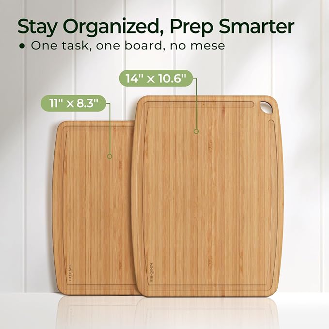 Keechee Dishwasher Safe Bamboo Cutting Boards Durable Lightweight Wood Cutting Board for Busy Kitchen, Easy Storage & Clean Wooden Chopping Boards with Juice Groove Set of 2 (M+S)
