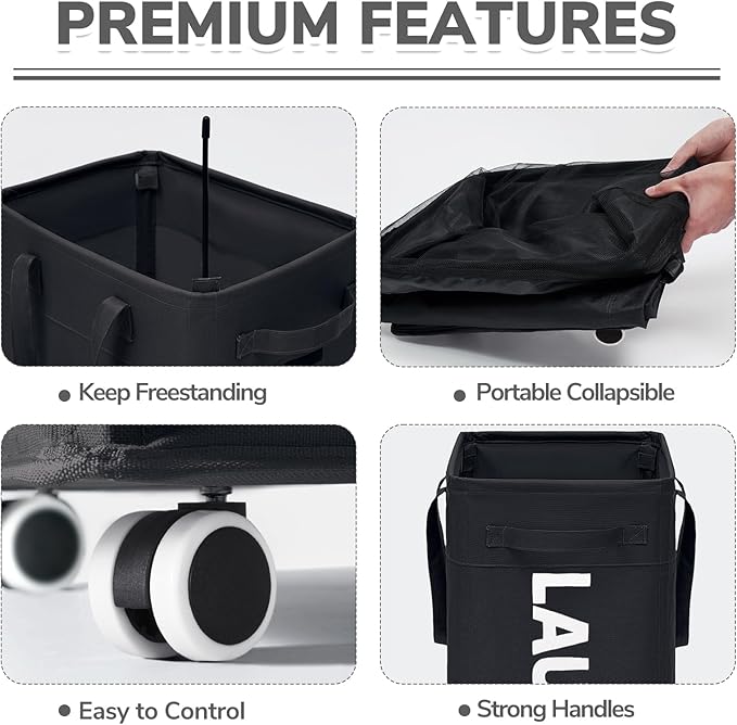 CHICVITA Laundry Hamper with Wheels & Removable Wash Bags -2 Pack, 75L Tall Laundry Basket for Dorms, Large Collapsible Hamper for Corner Spaces - Black