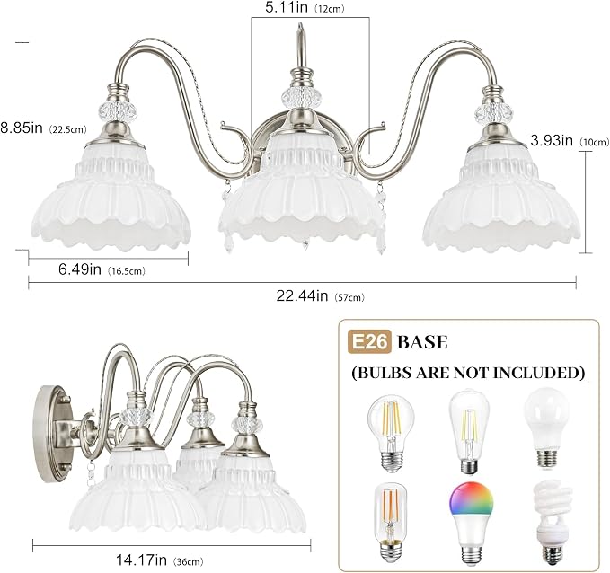 Brushed Nickel Bathroom Vanity Light, 3-Light Nickel Finish Wall Sconce with Hanging Crystal Accents and Flower-Shaped White Glass Shades, Modern Wall Mount Vanity Light Over Mirror for Bathroom