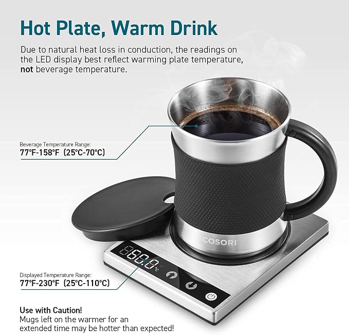 Cosori Coffee Mug Warmer & Mug Set, 1°F Precise Temperature Control | Digital Cup Heater, Touch Tech & LCD Digital Display (77-194℉), 304 Stainless Steel, for Desk, Office, Silver/Black