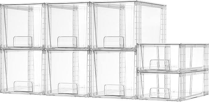 Vtopmart 8 Pack Clear Stackable Cabinet Organizers with Pull-Out Drawers, Clear Storage Drawers, 6 Medium and 2 Small for Under Sink, Pantry, Bathroom, Closet and Kitchen Storage