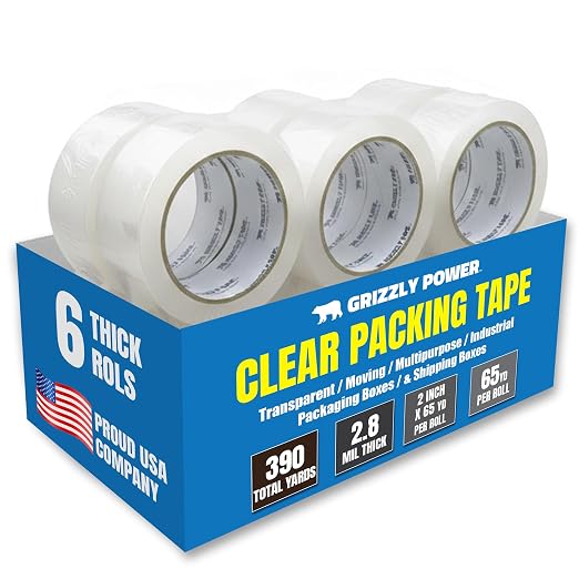 Grizzly Power Clear Packing Tape (6 Rolls) | Heavy Duty Packing Tape (2 Inch x 65 Yards) | 2.8mil Thick Strong Adhesive for Moving Boxes, Shipping Cartons, Office Use, Storage & Wrapping (390 Yards)