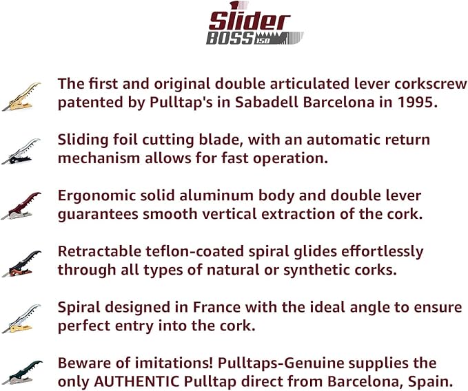 Pulltap's Genuine Slider Boss 150 Waiter's Corkscrew – Double-Hinged Wine Key with Sliding Foil Cutter – Patented Design – Made in Spain – Cromado (Chrome)
