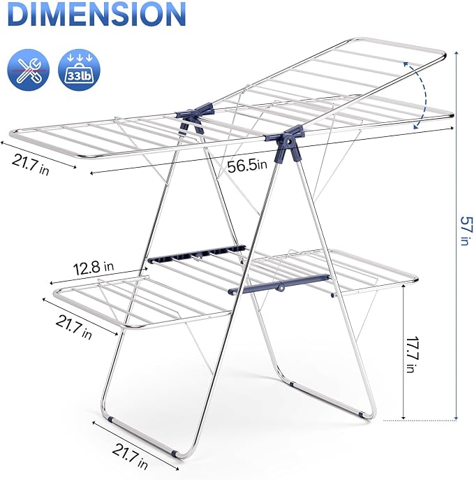 APEXCHASER Clothes Drying Rack, Foldable 2-Level Drying Rack Clothing, Stainless Steel Free-Standing Laundry Airer, with Height-Adjustable 4 Wings, Matte Blue
