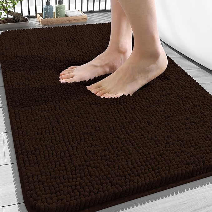 OLANLY Bathroom Rugs 34x21, Extra Soft Absorbent Chenille Bath Rugs, Rubber Backing Quick Dry, Machine Washable Bath Mats for Bathroom Floor, Tub and Shower, Home Decor Accessories, Brown