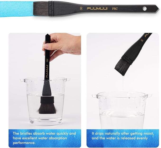 Flat Watercolor Brushes, Fuumuui 30mm Professional Squirrel Hair Flat Hake Brushes, Artists Scale Large Paint Brush with Long Handle for Watercolor and Acrylic Paints