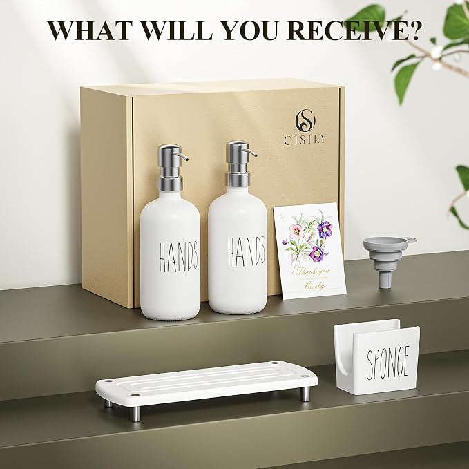 Cisily Kitchen Soap Dispenser Set Comes with Ceramics Sponge Holder, Gold Pumps, and Instant Dry Tray, Hand and Dish Soap Dispenser Set (4, Silver + White + Sponge Holder)