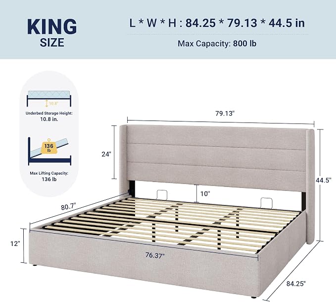 Allewie King Size Lift Up Hydraulic Storage Bed Frame Light Beige | Modern Wingback Headboard, Hydraulic Support Storage, No Box Spring Needed