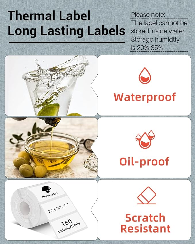 Phomemo Thermal Sticker Labels- 2.75"x1.57"(70x40mm) Thermal Label for M221/M220/M250/M260, for Barcode/Address/Mailing/Logo/Business/Home Tag, Black on White