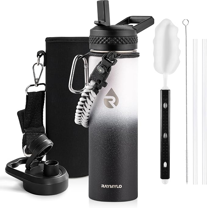 RAYMYLO Insulated Water Bottle 20 oz, Triple Wall Vacuum Stainless Steel (Cold for 24Hrs, Hot for 12Hrs), Leak Proof & Non-BPA, Modern Water Bottle Jug for School with Straw Spout Lids