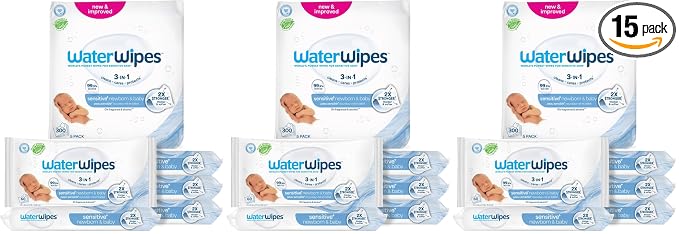 WaterWipes Sensitive+ Newborn & Baby Wipes, 3-In-1 Cleans, Cares, Protects, 99.9% Water, Unscented & Hypoallergenic, 900 Count (15 Packs)