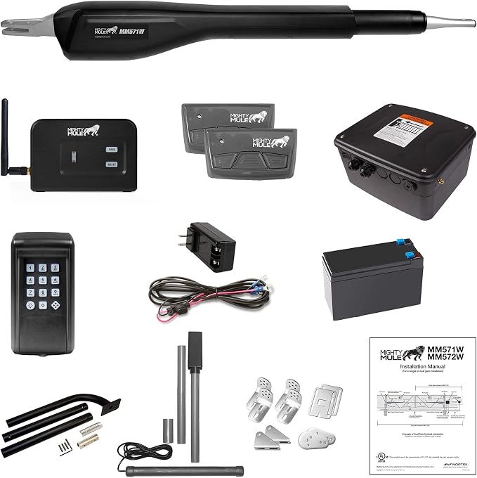 Mighty Mule Gate Opener, Solar and Smart Ready, Heavy Duty Automatic Gate Opener, Gates up to 18ft or 850lb, Single Gate Opener - Estate, MM571W-EST