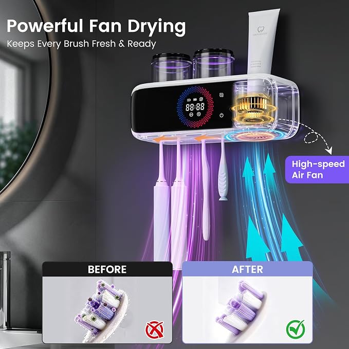 Electric Toothbrush Holders for Bathrooms, UV Tooth Brush Holder&Fan Drying | UV Sanitizer & Fan Drying, 4000mAh Large Battery, Washable Inner Rack, 2 Cups & Toothpaste Holder Wall Mounted Organizer