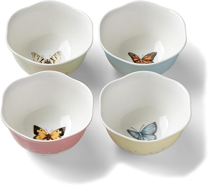 Lenox Butterfly Meadow Colors Porcelain 4-Piece Dessert Bowl Set, 8oz | Dishwasher safe | plates and bowls sets for kitchen and dining | 4.75 inch diameter | 8oz, gift for women