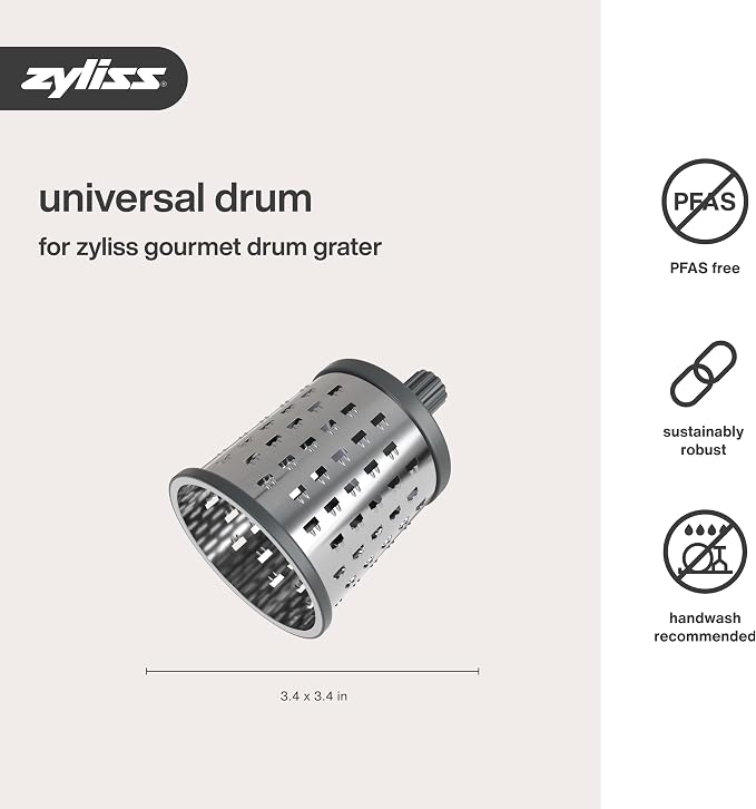 Zyliss E900059 Universal Drum Grater, Stainless Steel, Grating Apples, Cereals, Granola, for Use with Zyliss Rotary Cheese Grater, 5 Year Guarantee