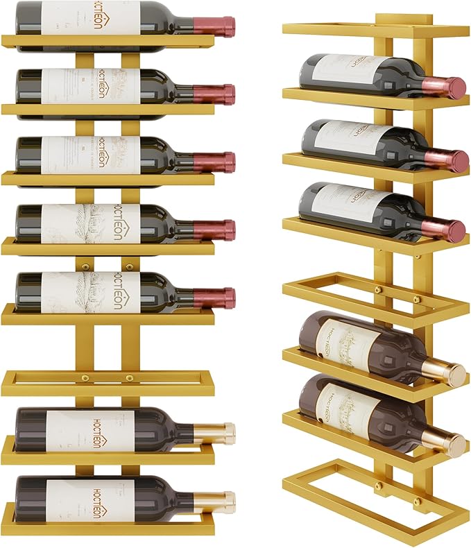 Hoctieon 8 Tier Wall Mount Wine Rack, Wall Racks for Wine Bottles Display and Storage, Hanging Bottle Organizer for Living Room, Dining Room, Wine Cellar, Bar, Gold