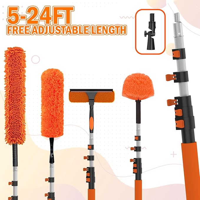 LAANPOLE 30FT High Reach Duster Cleaning Kit with Extension Pole, High Ceiling Fan Cleaner Duster Tool for Fan Blades, Window Washing Kit with Microfiber Feather Duster & Window Squeegee