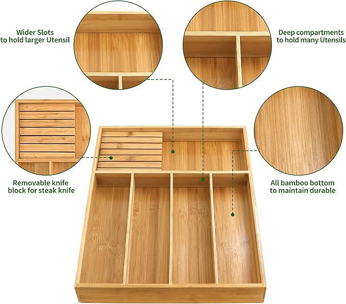 VaeFae Bamboo Silverware Organizer (Non-expandable), Utensil Holder for Drawer, Cutlery Tray with Divider for Kitchen Drawer, Utensil Organizer with Knife Block