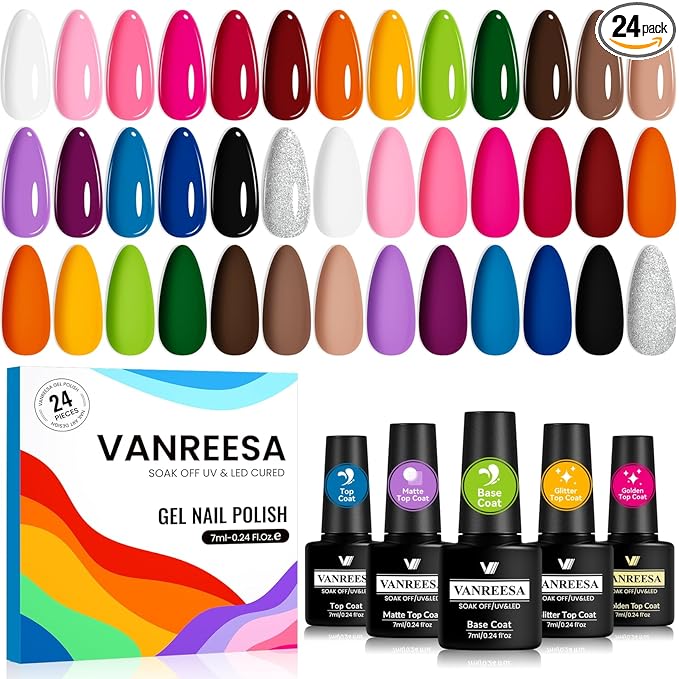 VANREESA 24 Pcs Gel Nail Polish Set -Trendy Colors Gel Polish with Base Coat & 4 Effects of Top Coat White Pink Red Orange Yellow Green Brown Blue Purple Gel Polish Set Nail Kit Gifts for Women Girls