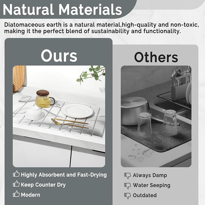 Large Stone Dish Drying Mat for Kitchen Counter, 2 PCS Quick Dry Stone Mats, Foldable Water Absorbing Diatomaceous Earth Drying Dishes Pad for Countertop Bottle Utensil Cup(Black White 24"×16"&8"x4")