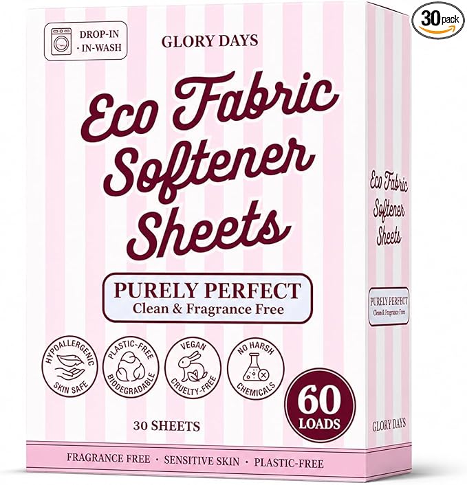 Glory Days Fabric Softener Sheets for Washer — Replaces Liquid Softener, Hypoallergenic, Fragrance Free, Sensitive Skin Safe, Plastic-Free, 60 Loads