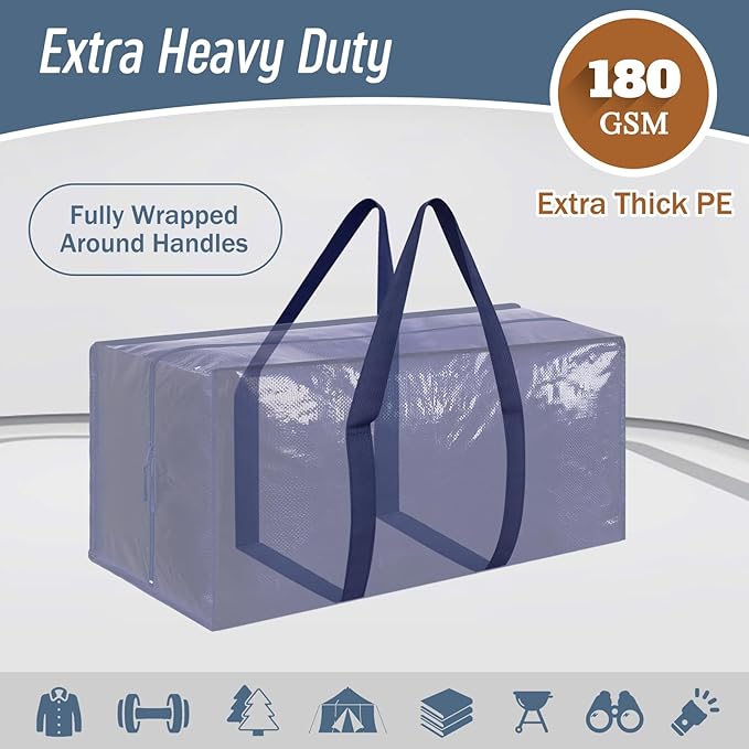 12 Pack Extra Heavy Duty Large Moving Bags with Strong Zipper, Dark Blue | Comfortable Handles, Sturdy & Durable Clothes Storage Bags Totes Bins, Blue Packing Moving Boxes for College Supplies