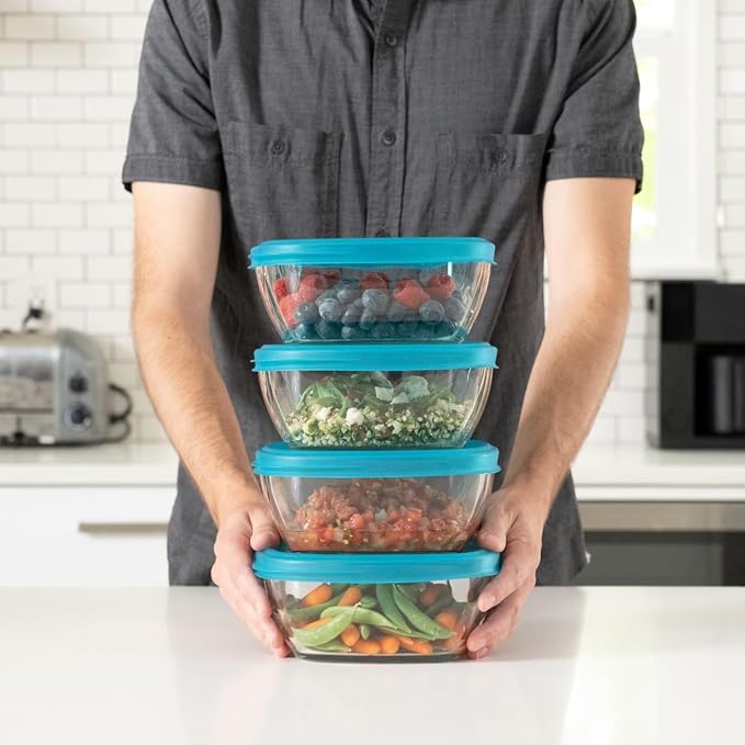 Libbey Serve It Glass Storage Bowls Set of 8 Stackable 6-Cup Food Storage Containers with Sung Fit Lids, Glass Bowls Set for Snacks, Leftover or Meal Prep