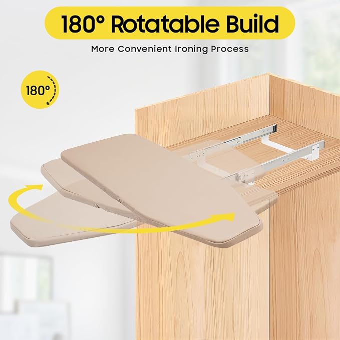 Foldable Cabinet Ironing Board Retractable Khaki Ironing Station | Sturdy Load-Bearing Structure, Adjustable Rotation Design, Easy Install Compact Fold Size fit Wardrobe Drawer Cabinet Use
