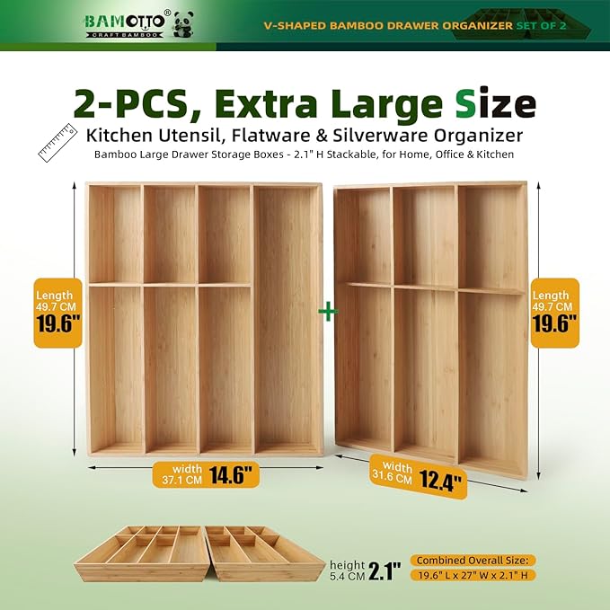 BAMOTTO CRAFTBAMBOO 13 Slot V-Shaped Bamboo Drawer Organizer Set of 2, Extra Large Cutlery Tray - Easy Reach Flatware Silverware Utensil Storage for Kitchen (19.6"x14.6" & 19.6"x12.4")