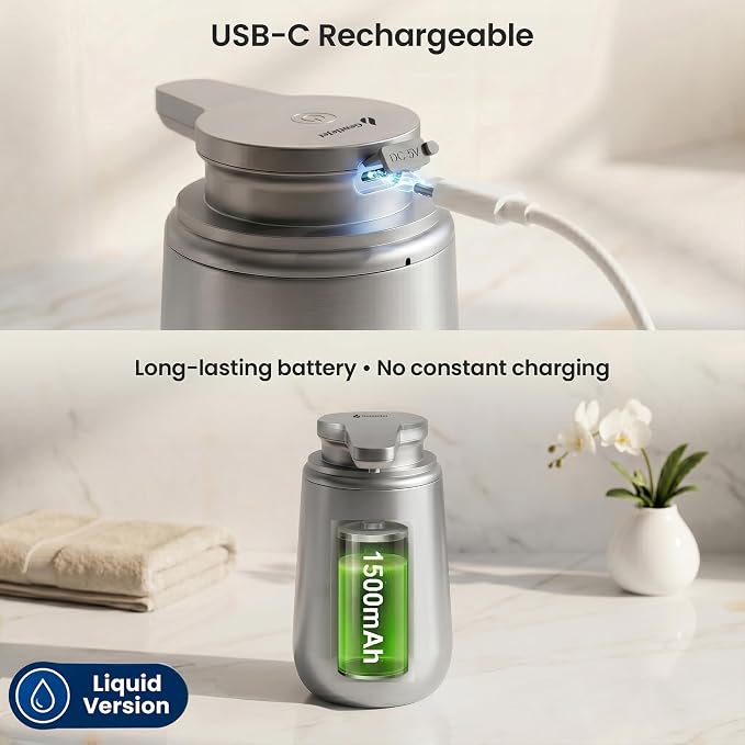 GentleJet NovaJet Automatic Liquid Soap Dispenser Touchless Sensor, USB-C Rechargeable, 304 Stainless Steel, IPX5 Waterproof for Bathroom Kitchen Sink, 10 oz / 300 ml