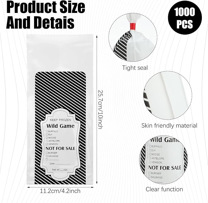 Yeaqee 1000 Pcs Ground Beef Freezer Bags Wild Game Freezer Bags with Pinstripe Tape Hamburger Meat Packaging for Meat Processors Storing Supplies