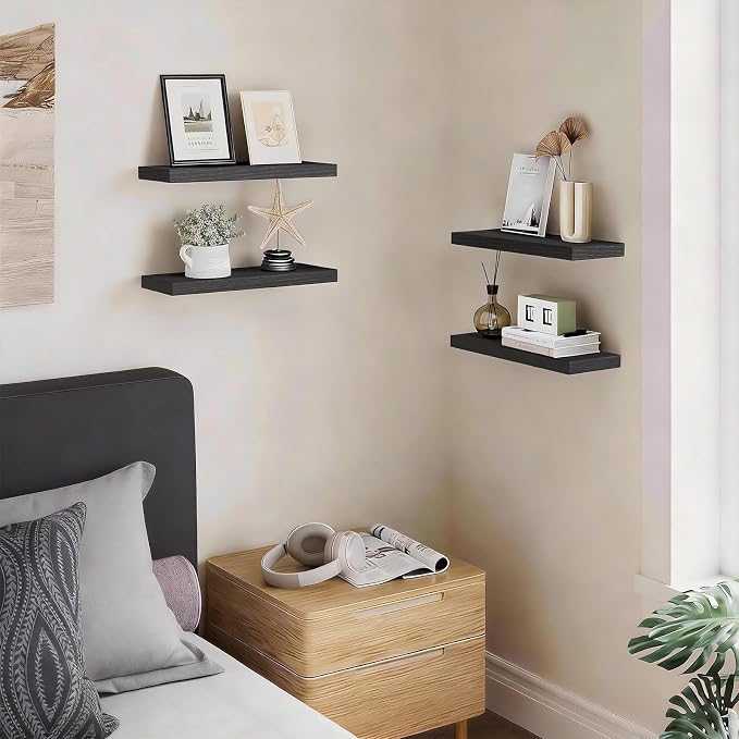 BAYKA Floating Shelves for Wall, Wall Mounted Rustic Wood Shelves for Bathroom, Bedroom, Living Room, Kitchen, Hanging Shelf for Books/Storage/Room Decor with 22lbs Capacity (Black, Set of 3, 15.7in)