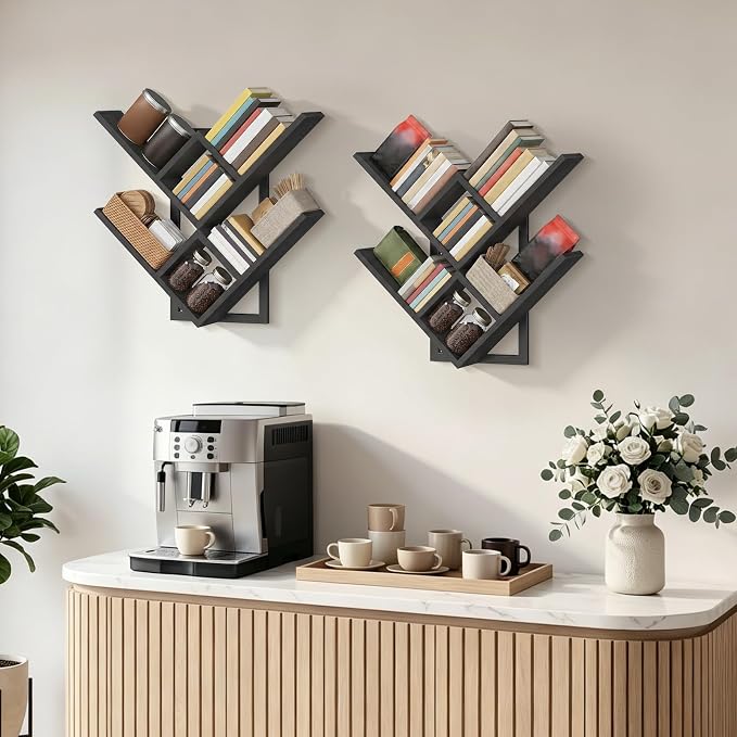 HOOBRO Floating Shelves for Wall, Set of 2 Wall Mounted Shelves, 2-Tier Wooden Tree Bookshelf, Hanging Shelves Storage Rack, for Living Room, Kitchen, Office, Black BB54BJP201