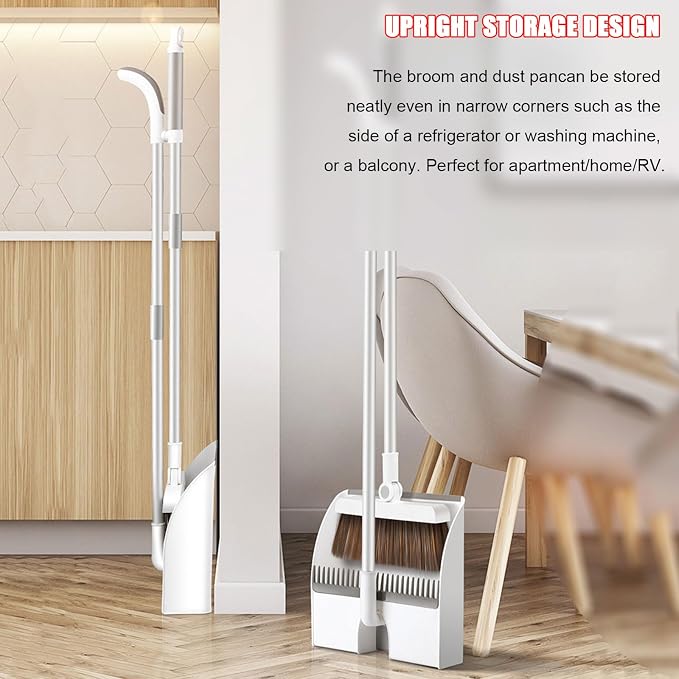 Broom and Dustpan Combo Set for Home, Soft Bristles Angle Broom, Dust Pan with Comb Teeth, Long Handle Upright Standing Sweep Set for Room Kitchen Office,Magnetic~Lock