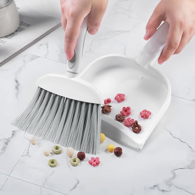 NACENA Small Dust Pan and Brush Set, Mini Broom and Dustpan Set Small Hand Broom and Brush Combo Dust Pan with Teeth for Home Cleaning Drawers Desktop Sofas and Outdoor, White & Gray